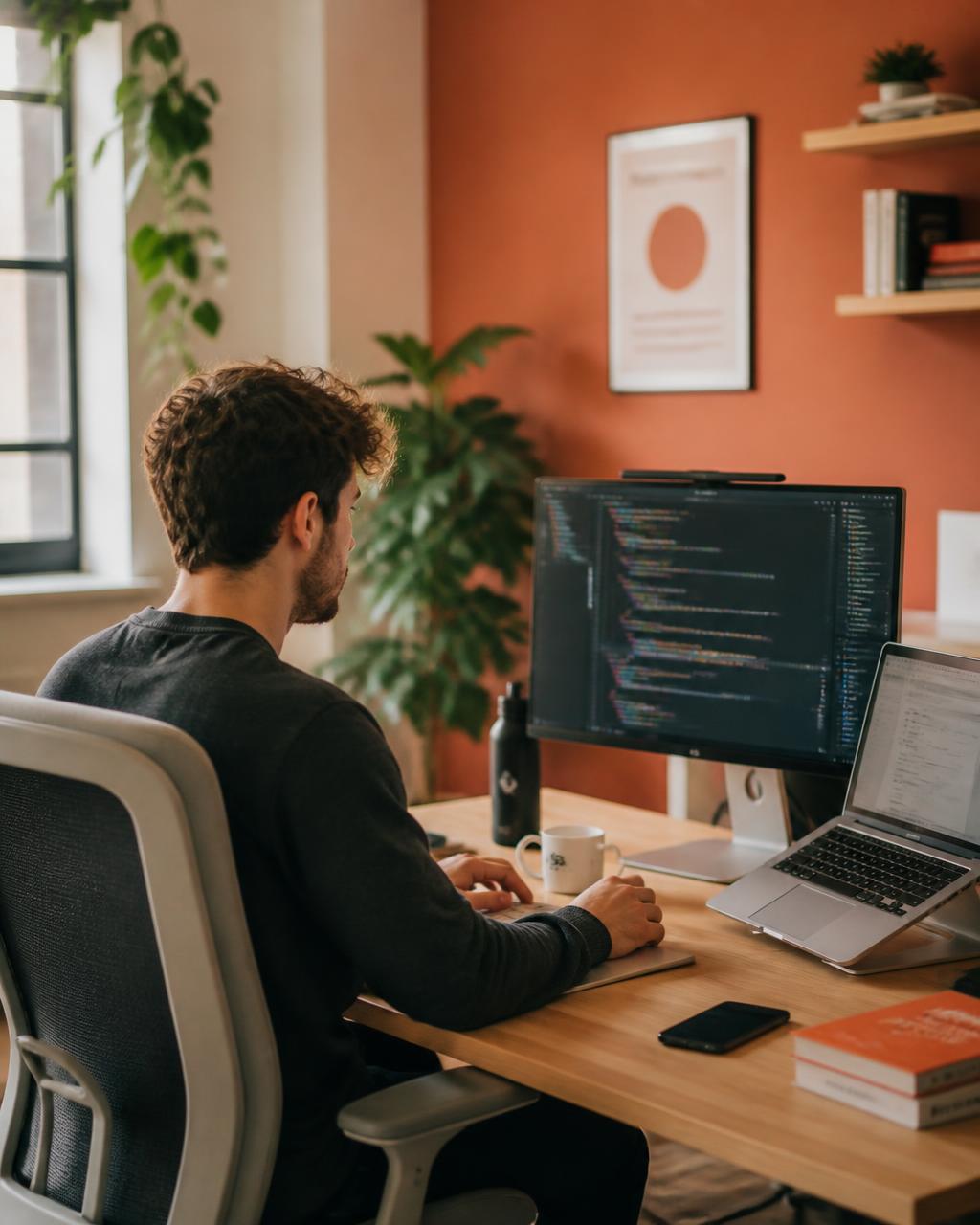 Engineer working at a clean desk in a warm, modern tech office