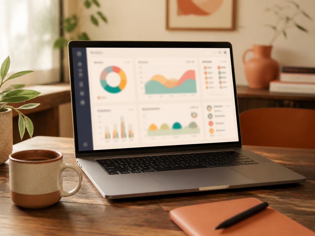 Laptop showing a store analytics dashboard on a wooden desk