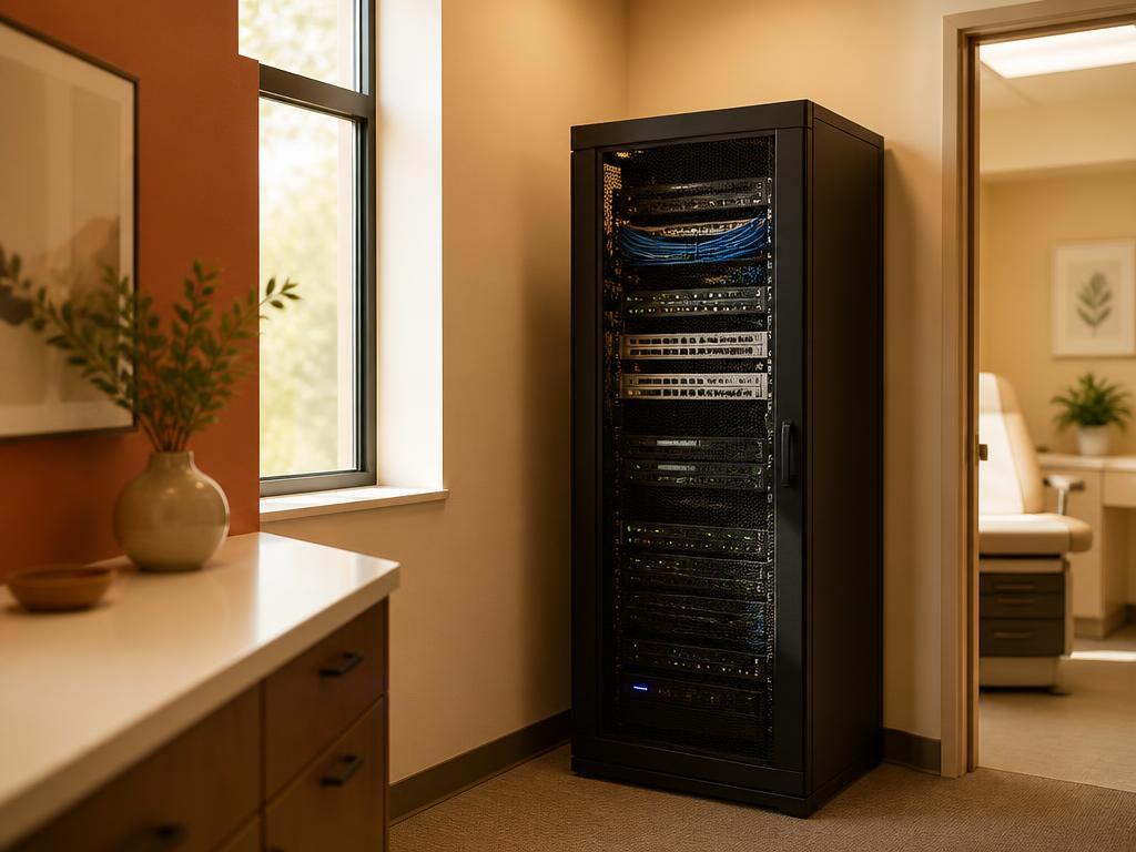 Tidy server rack in a warm, modern clinic office