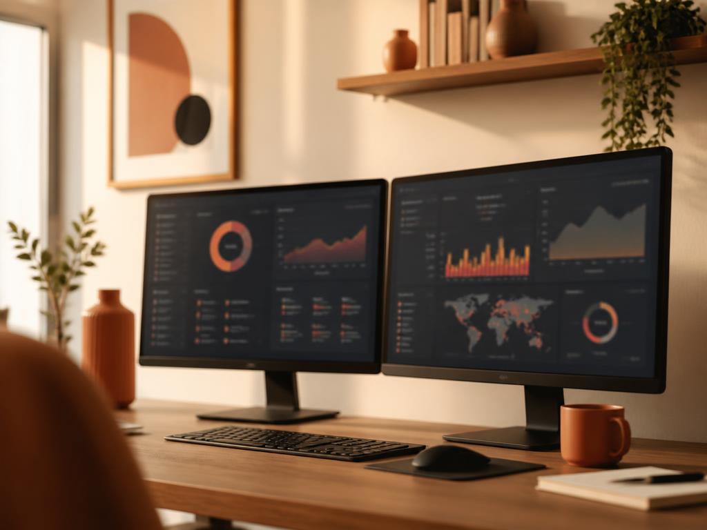 Two monitors showing security dashboards in a warm office